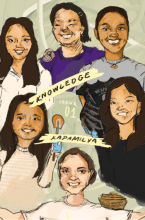 Illustrated cover of a book with six Filipino individuals smiling with one holding a icing spatula, another with an animal curled up on her right shoulder, another with a traditional bowl on her left shoulder, and one holding what appears to be a shield